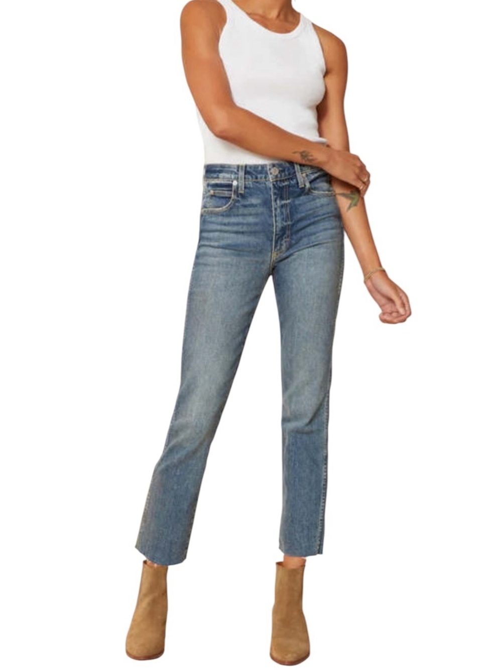 AMO DENIM Chloe Crop Denim Jeans with Raw Hem Kismet Wash Size 27